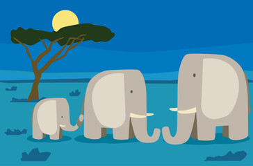 family of elephants cartoon flat vector character african scenery at dark night children book illustration