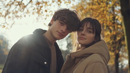 Naklejka premium Young couple in autumn park surrounded by yellow leaves with soft sunlight glowing, capturing love and intimacy in a romantic outdoor setting.