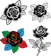  Rose silhouette vector set on white background. 
