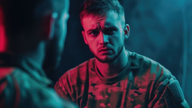Millennial male soldier displaying concern and attentiveness during psychological therapy session with psychotherapist in modern clinical setting illuminated by blue and red lighting