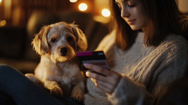 Cozy indoor scene of a young woman with medium brown hair engaging in online shopping with a credit card while sitting with a small furry dog in a softly lit living room