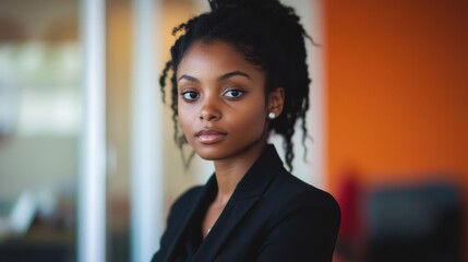 Fototapeta premium Professional portrait of a confident young Black woman with coily hair dressed in a black suit standing in a modern office with an orange wall.