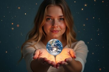 Naklejka premium A woman holds the Earth, the universe, and the planet in her hands, protecting and saving it. The whole world is in the palm of a young woman's hand.