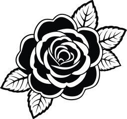 Black and white rose silhouette vector on white background. 