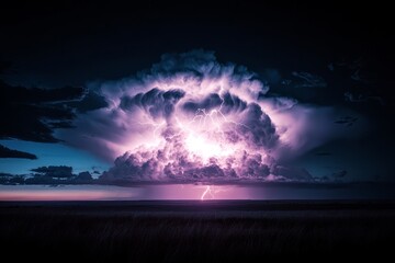 Fototapeta premium Massive thunderstorm with vibrant purple lightning illuminating a vast plain.