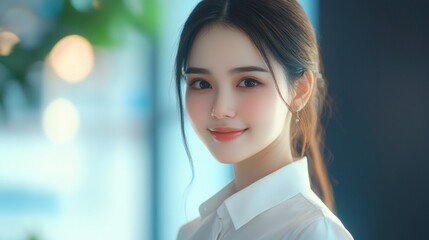 Obraz premium Young Asian woman in a white shirt smiling and relaxing in a modern office with soft natural light and a green indoor plant backdrop.