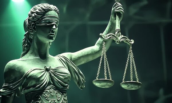 Lady Justice statue, scales, courtroom, blindfolded, legal