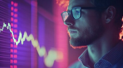 Pensive businessman observing a downward stock market chart in a dimly lit office with vibrant purple and pink lighting, reflecting investment challenges and stress.