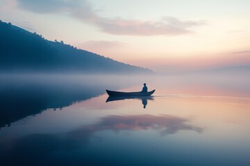 Solitary figure in a small boat at dawn on a calm lake.