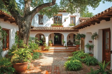 A tranquil courtyard garden nestled within a sun-drenched whitewashed hacienda Lush greenery and terracotta accents create a serene atmosphere