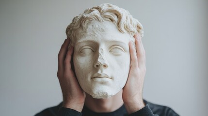 A man in casual attire holding a marble white sculpted head against a soft light background in an art museum setting, capturing the essence of classicism.