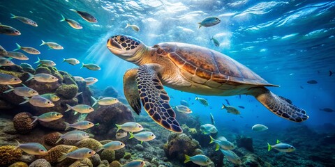 Obraz premium Sea Turtle Swimming Among Colorful Fish in Vibrant Coral Reef