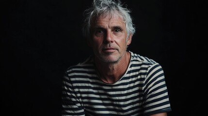 Obraz premium thoughtful 30-year-old man with tousled gray hair wearing a black and white striped shirt against a dark background portrait