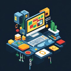 Obraz premium Isometric futuristic digital workspace with floating elements representing UI and coding.