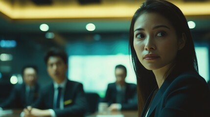 Diverse businesswoman engaged in discussion during late-night brainstorming session in modern office, focused on teamwork and management strategies.