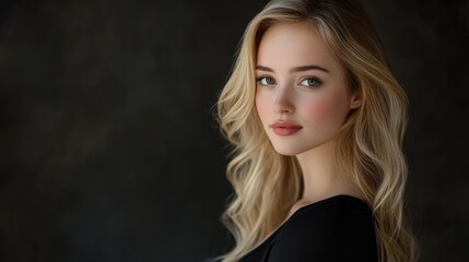Fototapeta premium Elegant young blonde woman with wavy hair and subtle makeup against a dark background, showcasing fashion portraiture and beauty aesthetics.