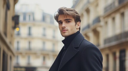 Elegant young man in stylish black coat poses confidently on Parisian street, architectural buildings create a chic urban background.