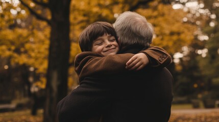 Fototapeta premium Cheerful child embracing grandfather in autumn park with vibrant yellow leaves, conveying warmth and family connection in serene outdoor setting.
