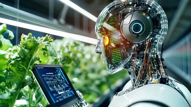 Futuristic robot examining data in a high-tech indoor vertical farm setup