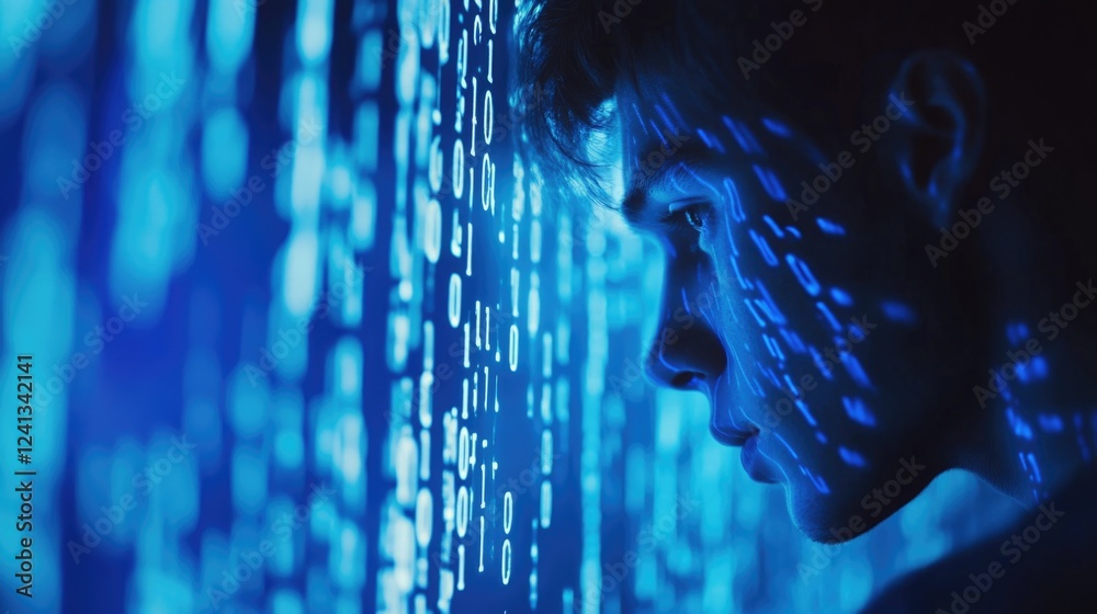 Poster young man focused on programming with digital code projected on his face representing cyber security