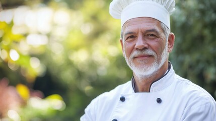 Senior Male Chef in White Uniform and Hat Smiling Outdoors Surrounded by Lush Greenery in Natural Light