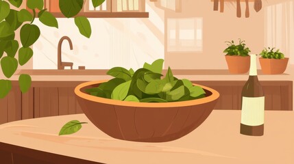 Rustic Kitchen Scene with Fresh Salad and Wine Bottle