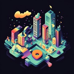 Fototapeta premium Isometric futuristic cityscape with neon lights, skyscrapers, and smart urban design.