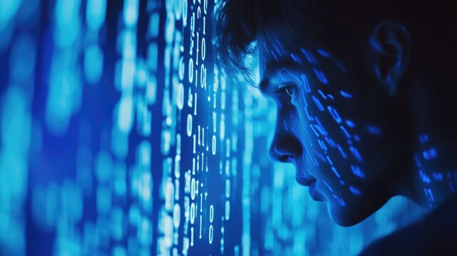 Young man focused on programming with digital code projected on his face representing cyber security threats and data protection concerns.