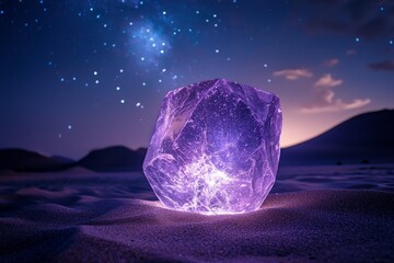 Fototapeta premium Luminous crystal in a desert under a starry sky.