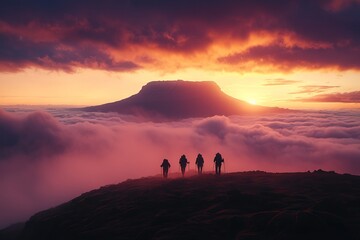 Hikers silhouette at sunrise above a sea of clouds.