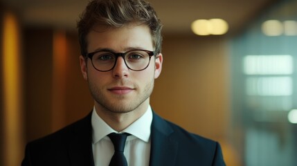 Fototapeta premium Young confident man in professional suit and tie, wearing glasses, with a focused expression, posed in modern office interior with soft lighting.