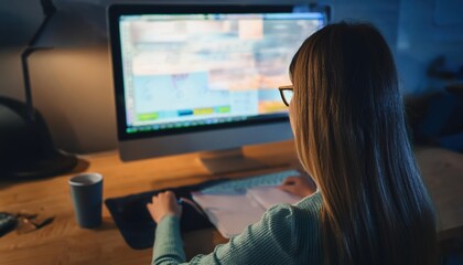 College student engaged in online coursework at a desk in a dimly lit room during the evening