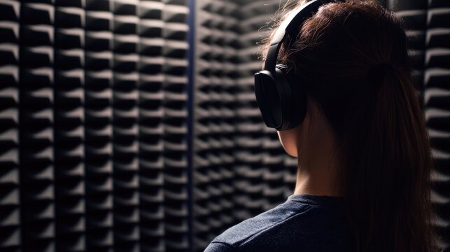 Young woman wearing black headphones preparing for voice recording in a soundproof studio with acoustic panels for vocal performance and dubbing process.