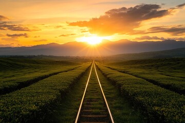 Sunset over tea plantation with railway tracks.