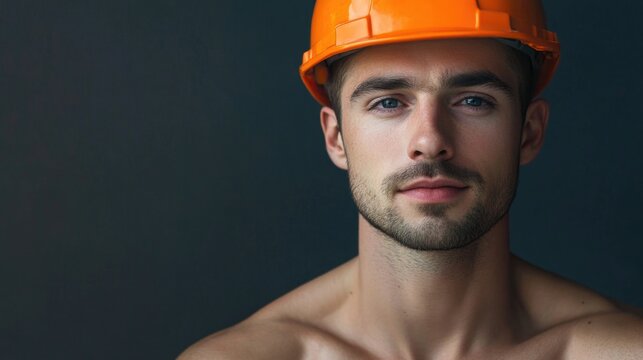 Young skilled male construction worker with short brown hair wearing an orange hard hat and shirtless against a dark gray background.