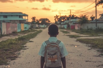 Child walking home at sunset, carrying a backpack.