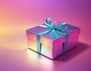 Fototapeta premium A beautiful silver gift box with a teal ribbon sits against a colorful gradient background.