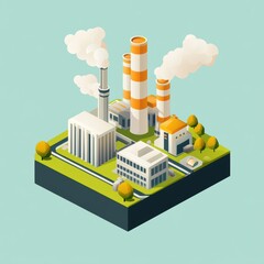 Isometric illustration of a power plant with smokestacks emitting pollution in an industrial setting.