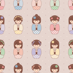 Kawaii kokeshi doll vector repeat pattern. Seamless illustration of girls with polka dot kimonos.