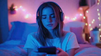 Young woman with long brown hair wearing headphones, relaxing in dimly lit bedroom with blue and purple ambient lights, using smartphone for music enjoyment.