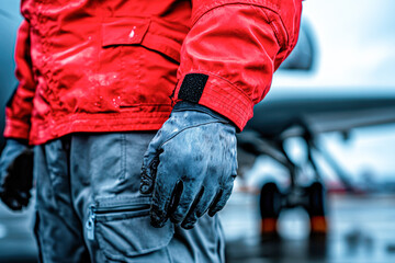 A man in a red jacket is wearing gloves and standing next to an airplane