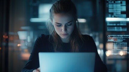 Focused young woman engaged in data processing on laptop in modern office with blue tones and digital interface elements representing technology concepts.
