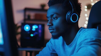 Focused young software engineer wearing headphones, working in a dimly lit modern office with blue and black tones on computer screens and ambient lighting.