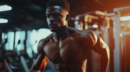 Dynamic black male athlete performing intense cardio workout in modern gym environment with equipment visible and dramatic lighting effects.