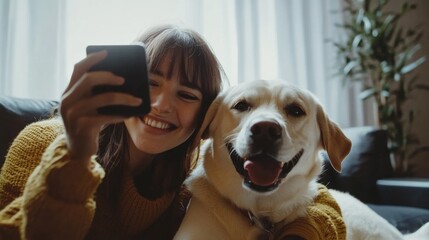 Happy European woman smiling while taking selfies with her joyful Labrador Retriever dog indoors in cozy setting with warm light and modern decor.