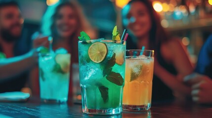 Diverse young adults enjoying vibrant mojito cocktails with lime and mint at a trendy bar restaurant in a lively evening atmosphere