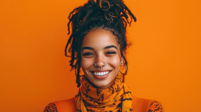 full-length portrait of joyful young woman with nose piercing in vibrant autumn sweater and scarf against bright orange backdrop showcasing fall fashion