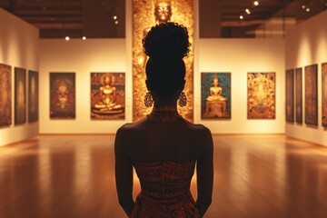 Silhouette of a woman admiring art in a gallery.