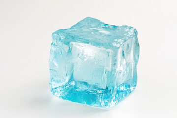 Obraz premium Close up of a translucent blue ice cube with detailed texture against a white background