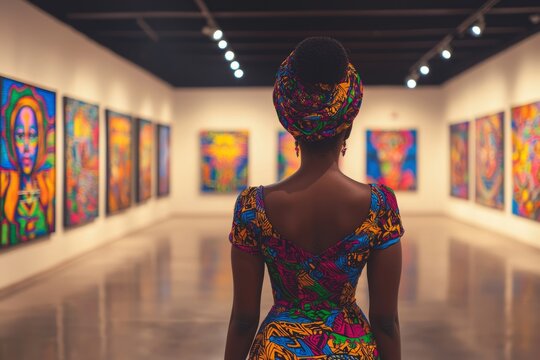 Woman admires vibrant artwork in an art gallery.